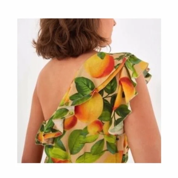 NWT Farm Rio Orange Sands One Shoulder Linen Dress Medium - Picture 3 of 16